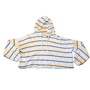 Lovestitch Hoodie Sweatshirt Womens Small White Blue Striped Beach Crop Pullover